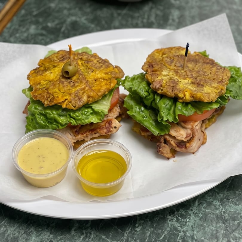 Two plantain sandwiches with chicken, lettuce, and tomato, served with two dipping sauces.