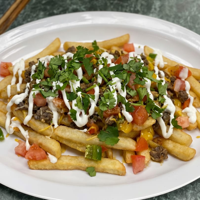 Loaded fries topped with ground beef, diced tomatoes, yellow and green peppers, sour cream, and cilantro.